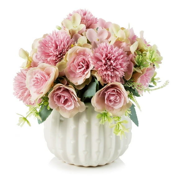 ENOVA FLORAL Potted Artificial Silk Rose Flowers in Ceramic Pot, Faux Flowers Arrangement in Vase with Faux Water Mixed Silk Dahlia Fake Flowers in Pot for Table Decor