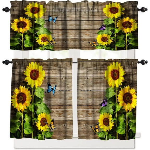 Sunflower Kitchen Curtain Tiers and Valance Curtain Sets Sunflower Yellow Floral Retro Decorative Cafe Curtains Set for Kitchen Living Room Bathroom 52x18 & 27x24x2, 3 Panel