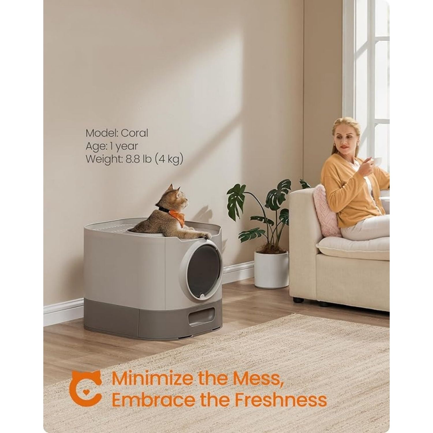 Cat Litter Box with Lid, XL Enclosed Litter Box with Slide-Out Tray, Scoop, Brush, Anti-Tracking, for Cats of Different Sizes, Oatmeal and Warm Gray