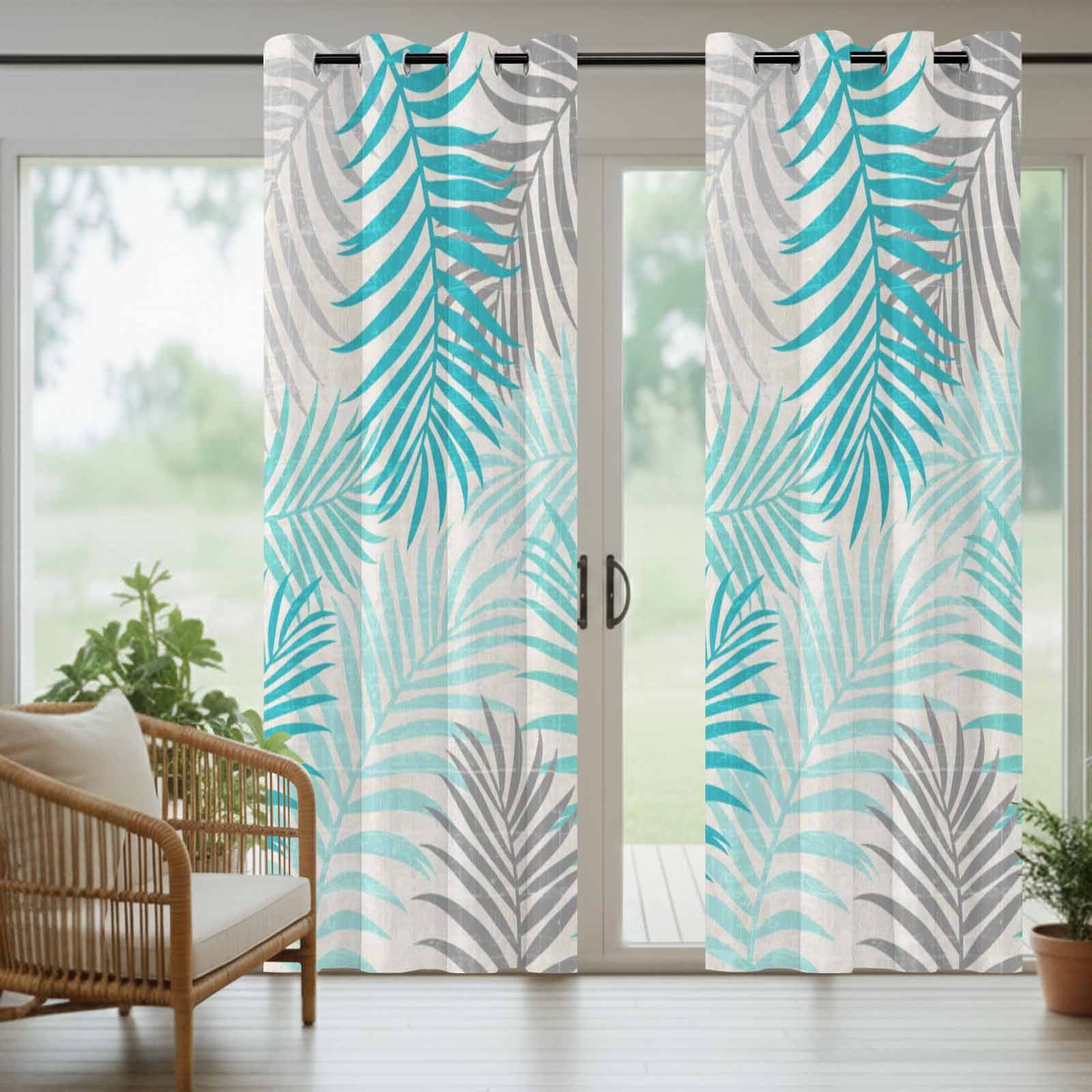 Teal Grey Palm Leaves Outdoor Curtains for Patio, Summer Botanical Vintage Tropical Leaf Rustic Sunshade Privacy Drapes Grommet Waterproof Outside Curtains for Porch/Cabana/Balcony 54"x 108", 1 Panel