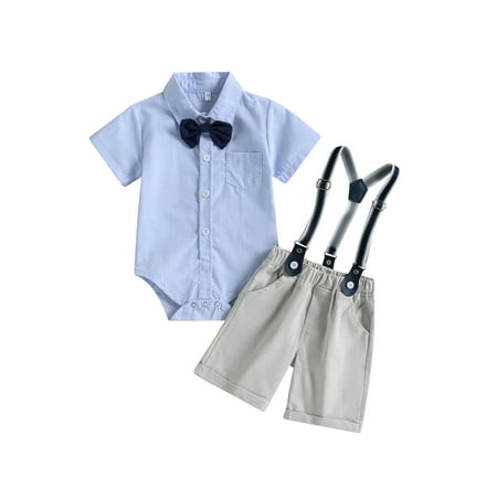 

Suanret Newborn Baby Boys Summer Gentleman Clothes Bowtie Collar Short Sleeve Romper + Bib Straps Shorts 2Pcs Suit Blue Gray 12-18 Months
