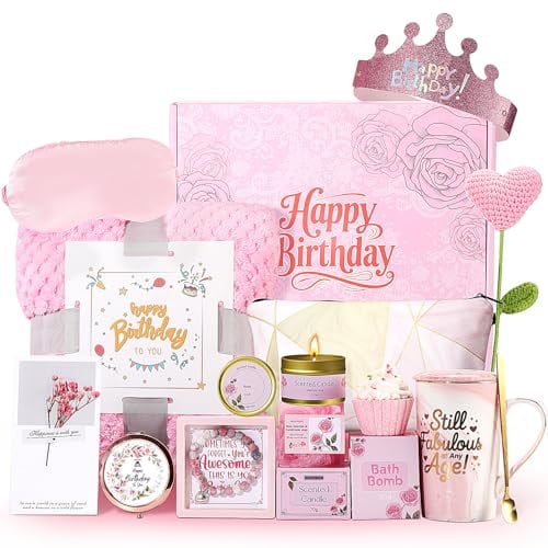 Happy Birthday Gifts for Women - Pink Birthday Gift Box for Women Self Care Mom Sister Wife Girlfriend Daughter Best Friend, Women's Birthday Gifts Spa Gifts Basket Gift Sets w/ Blanket Coffee Mug