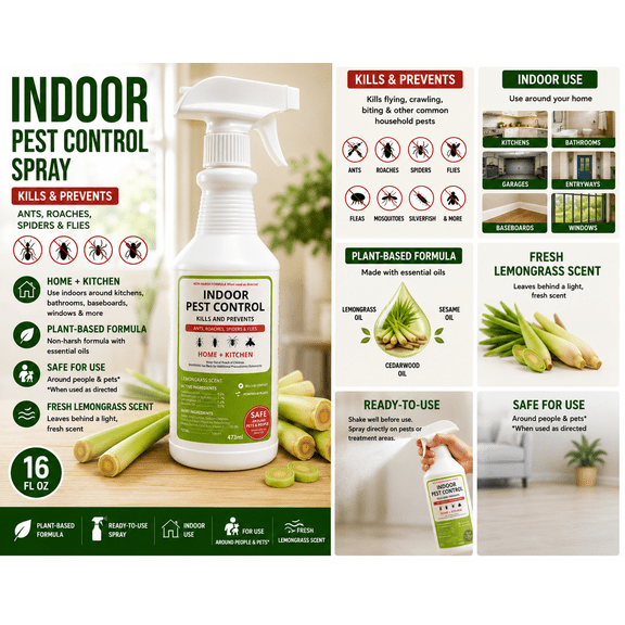 Indoor Plant-Based Pest Control Spray, Lemongrass Scent, Ready-to-Use, 16 fl oz