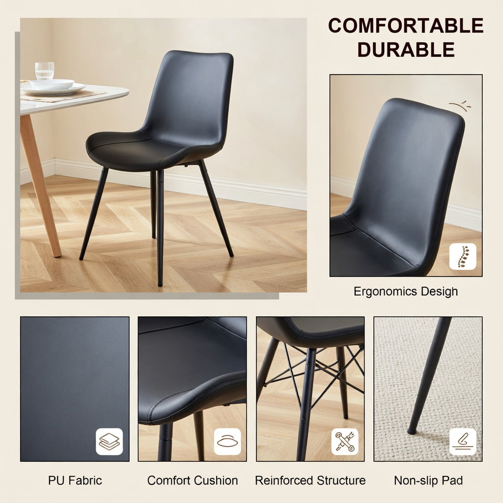 Hommoo 6-Pack Modern Black Faux Leather Dining Chairs with Curved Wide Seat Cushion & Metal Legs, Restaurant, Kitchen, Office & Bedroom Use, Black