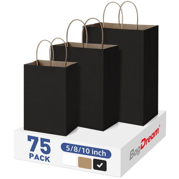 BagDream 75 Pack Black Kraft Paper Bags with Handles 5x3x8, 8x4.25x10, 10x5x13 Assorted Sizes Paper Gift Bags for Shopping, Weeding, Birthday, Party Favor, Retail Merchandise Bags