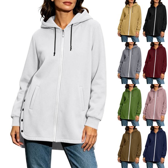 Women Hoodie Jacket Sevevn Hooded Full Zip Longline Fit Fleece Fabric Side Snap Buttons Side Pockets Long Sleeve Outerwear For Daily Casual Wear