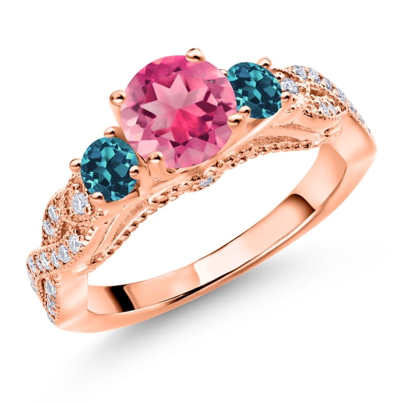 Gem Stone King 18K Rose Gold Plated Silver Pink Mystic Topaz London Blue Topaz and White Moissanite Engagement Ring for Women (2.03 Cttw, Gemstone, Round 6MM and 3MM, Size 9)