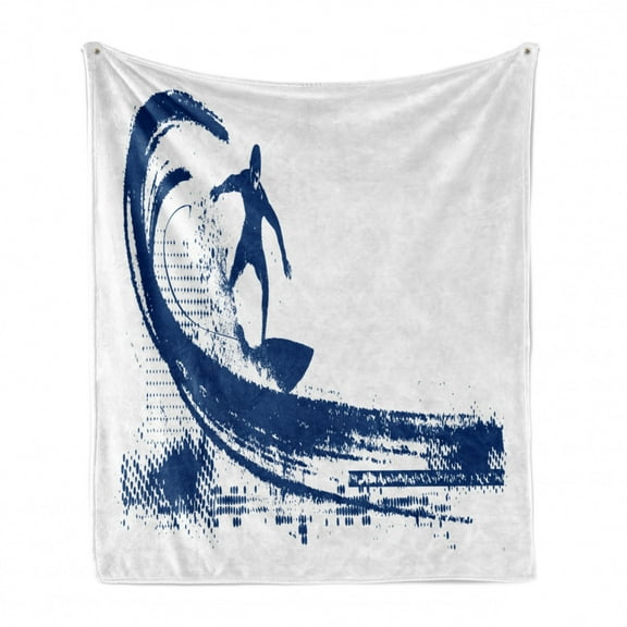 Surfboard Soft Flannel Fleece Blanket, Water Sports Activity Related Weathered Pattern of Pipeline Wave and Surfer, Cozy Plush for Indoor and Outdoor Use, 50" x 70", White Dark Blue, by Ambesonne
