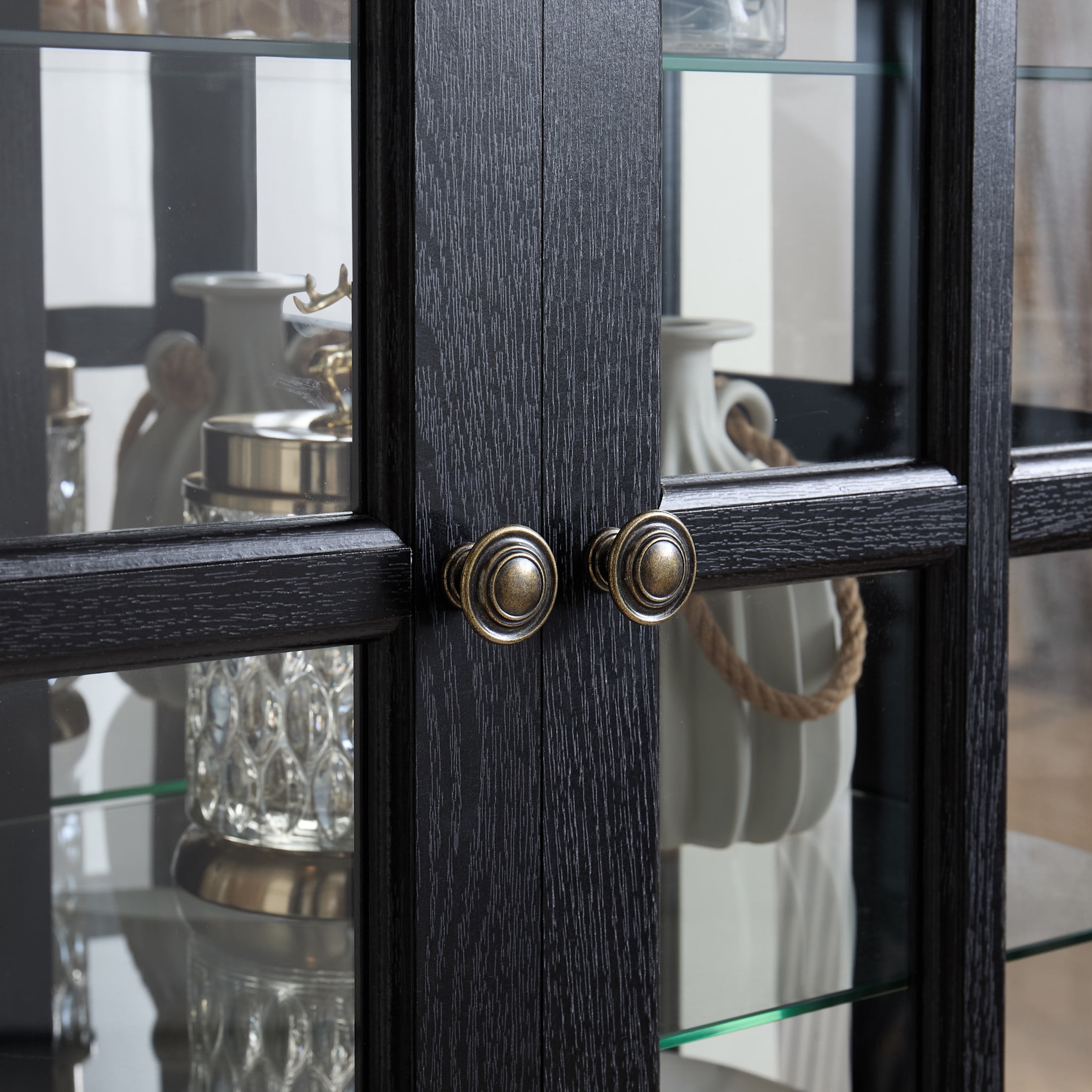 Noble House Handmaiden 69" Antique Glass Display Cabinet, 4-Door Curio with Light and Adjustable Shelves, Black