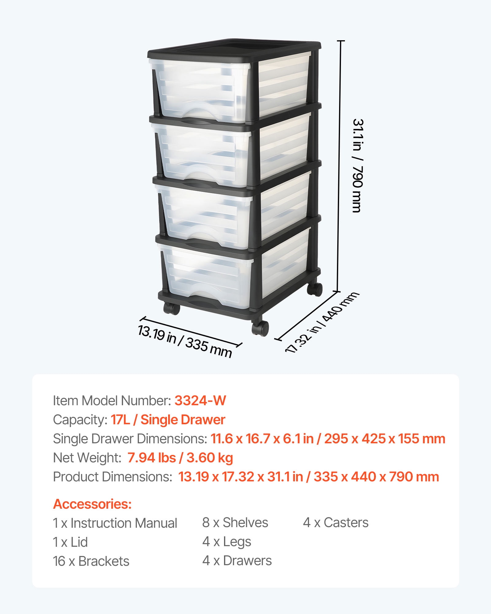 VEVOR Plastic Storage Drawers Cart,4 Drawers Storage Organizer with Wheels, Rolling Closet Organization and Storage Dividers, Dresser Organizer Clear Bins for Office Supplies, Craft Rooms, Classrooms