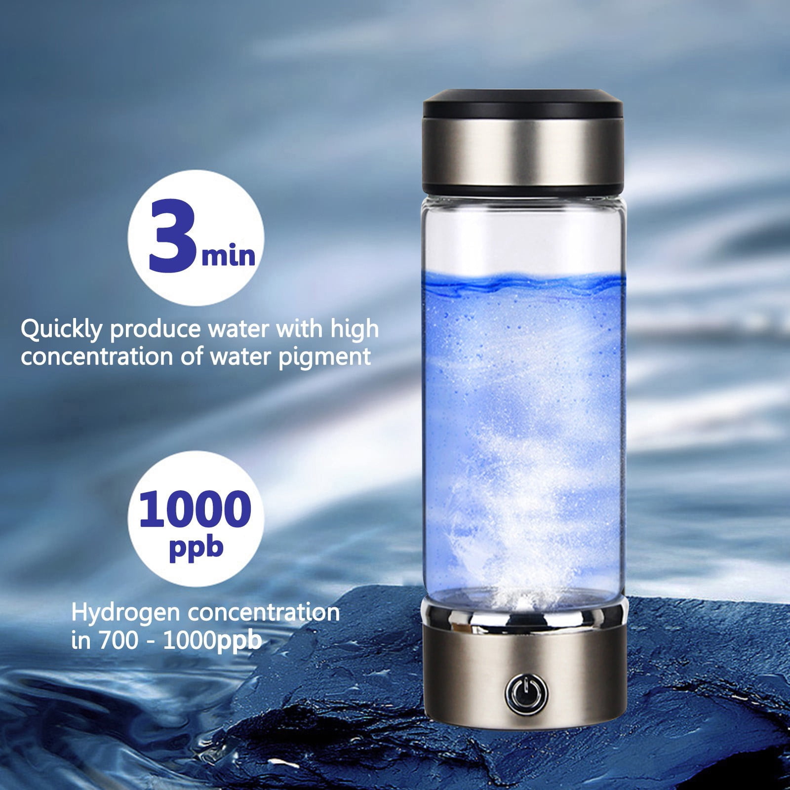 Fankiway Rich Hydrogen Cup, USB Rechargeable Hydrogen Water Bottle, Portable Glass Bottles Weak Alkaline Cup Anti-Oxidation and Anti-Aging Glass Health Cup, Micro Electrolysis Hydrogen Production Cup