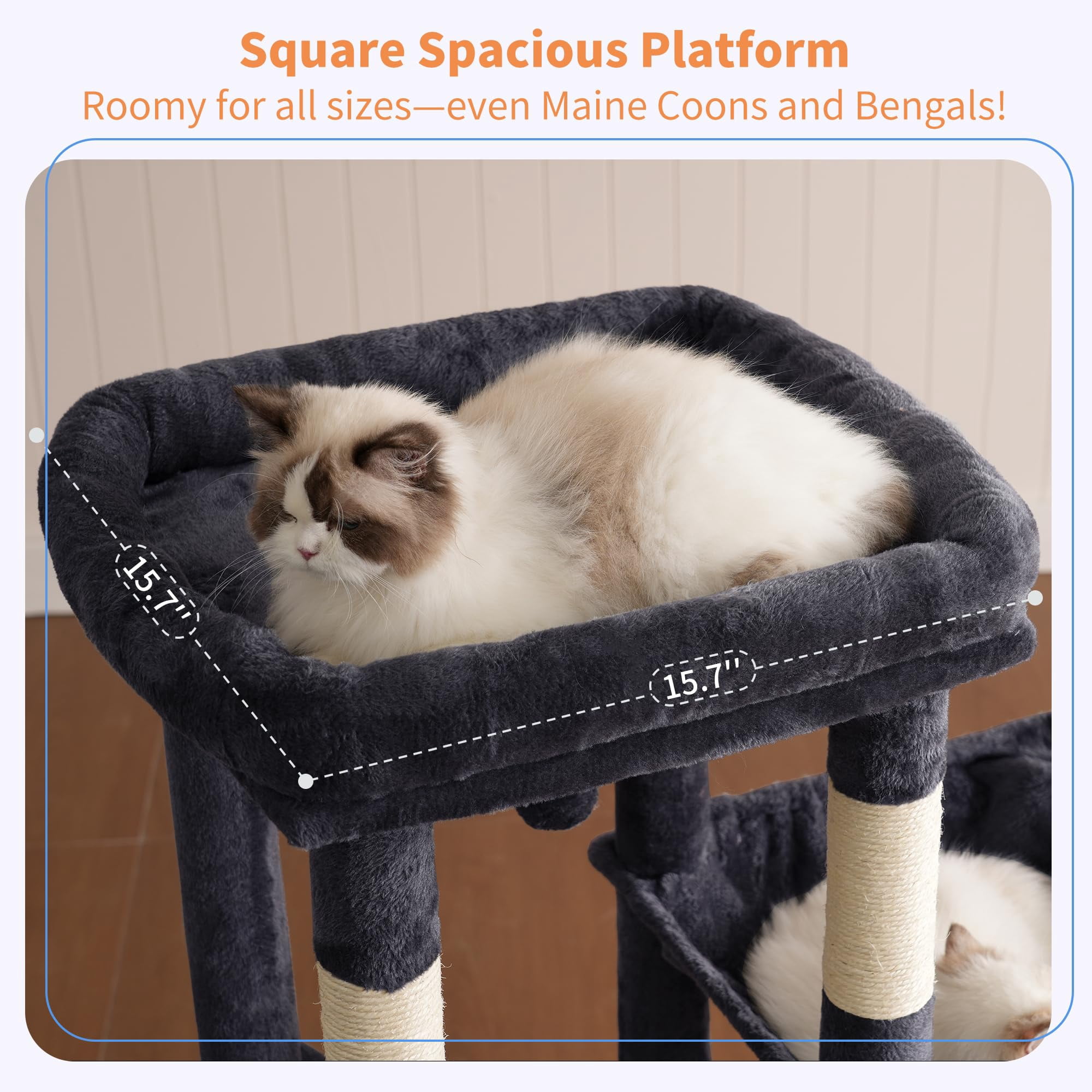 Heavy Duty Cat Tree  Tower For Indoor Cats Large Adult Tall Condo House With Extra-large Baseboard Multi-level Plush Furniture Posts Hammock Balls Smoky Gray Hct026g