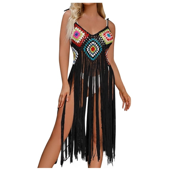 Kilaqueen Bathing Suit Cover Up for Women Fashion Print Crochet Tassel Sleeveless Tunic Tops Beach Vacation Summer Pool Swimwear Coverup