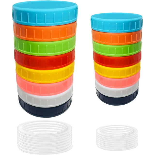 Colored Plastic Mason Jar Lids for Ball & Kerr Jars, 8 Regular & 8 Wide Mouth