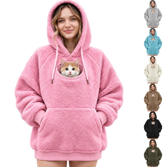 Flannel Pet Pouch Hoodie For Women, Fluffy Warm Cat Hoodie With Pouch, Pet Carrier Sweatshirt With Drawstring For Dogs & Snack Hoodies Pet Lovers, Light Brown, XXL