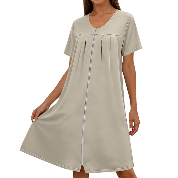 jtjvou Women's Front Zipper House Coat Short Sleeve Robe Lounge Zip Up Dress Loose Comfort Nightgown with Pockets Beige L