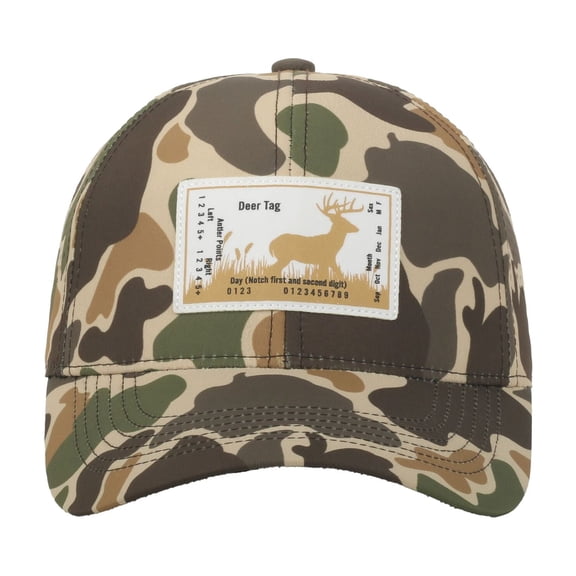 Outdoor Cap Deer Tag 6-Panel Structured Hat – Screen Print Patch, Woodland Camo with Perforated Back, One Size