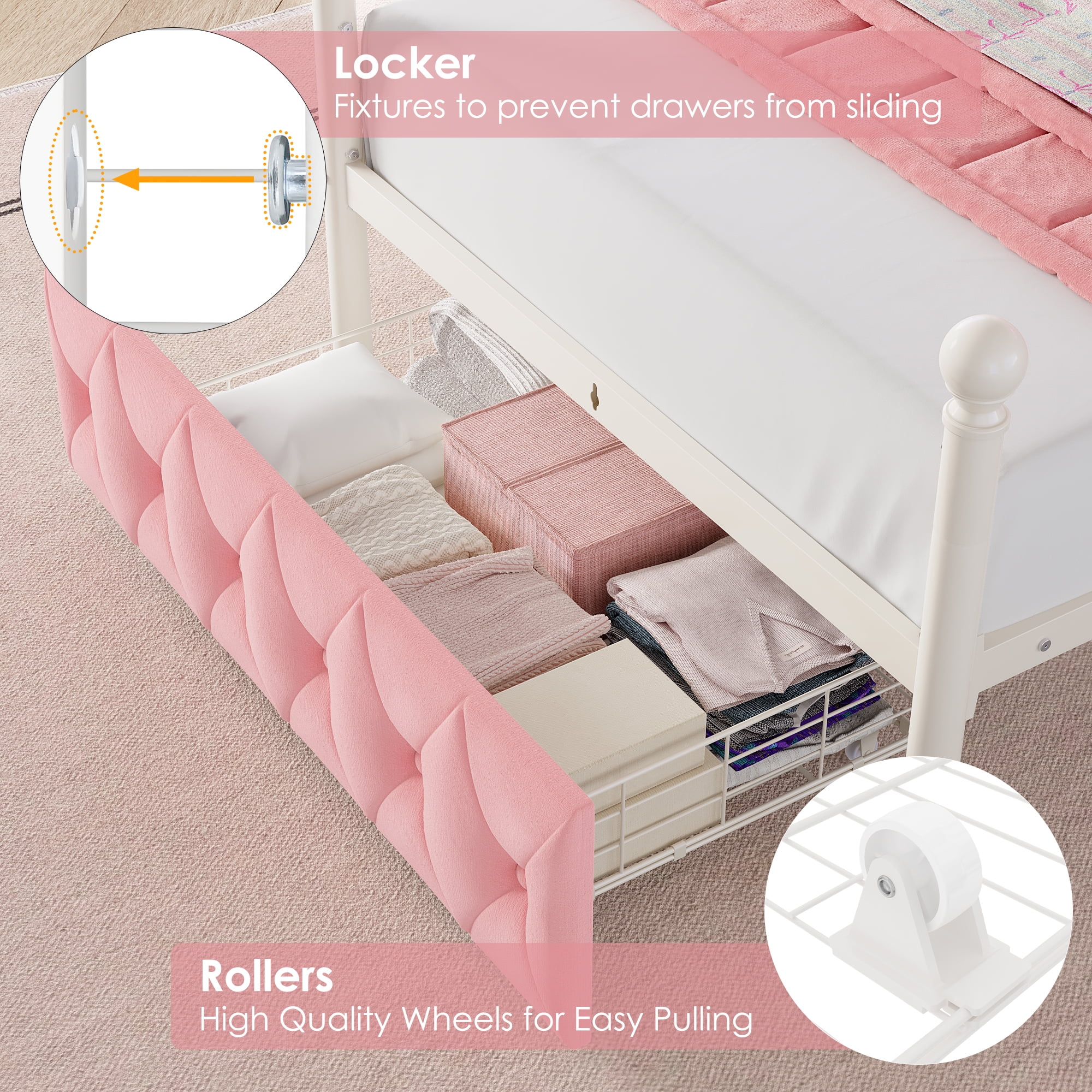 Hiphuta Twin Size Crown Canopy Bed with Power Outlet & LED, Upholstered Princess Beds with 4 Removable Posts, Twin Bed Frame, Pink