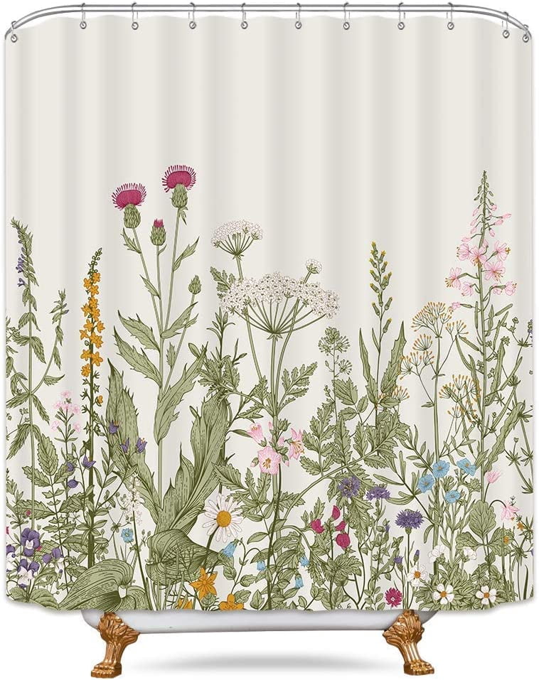 Extra Long Wildflower Shower Curtain for Bathroom Decor 72Wx84H Inch Flower Floral Vintage Botanical Accessories Herbs Plant Bathroom Set Windows Fabric Polyester Waterproof 12 Pack Hooks