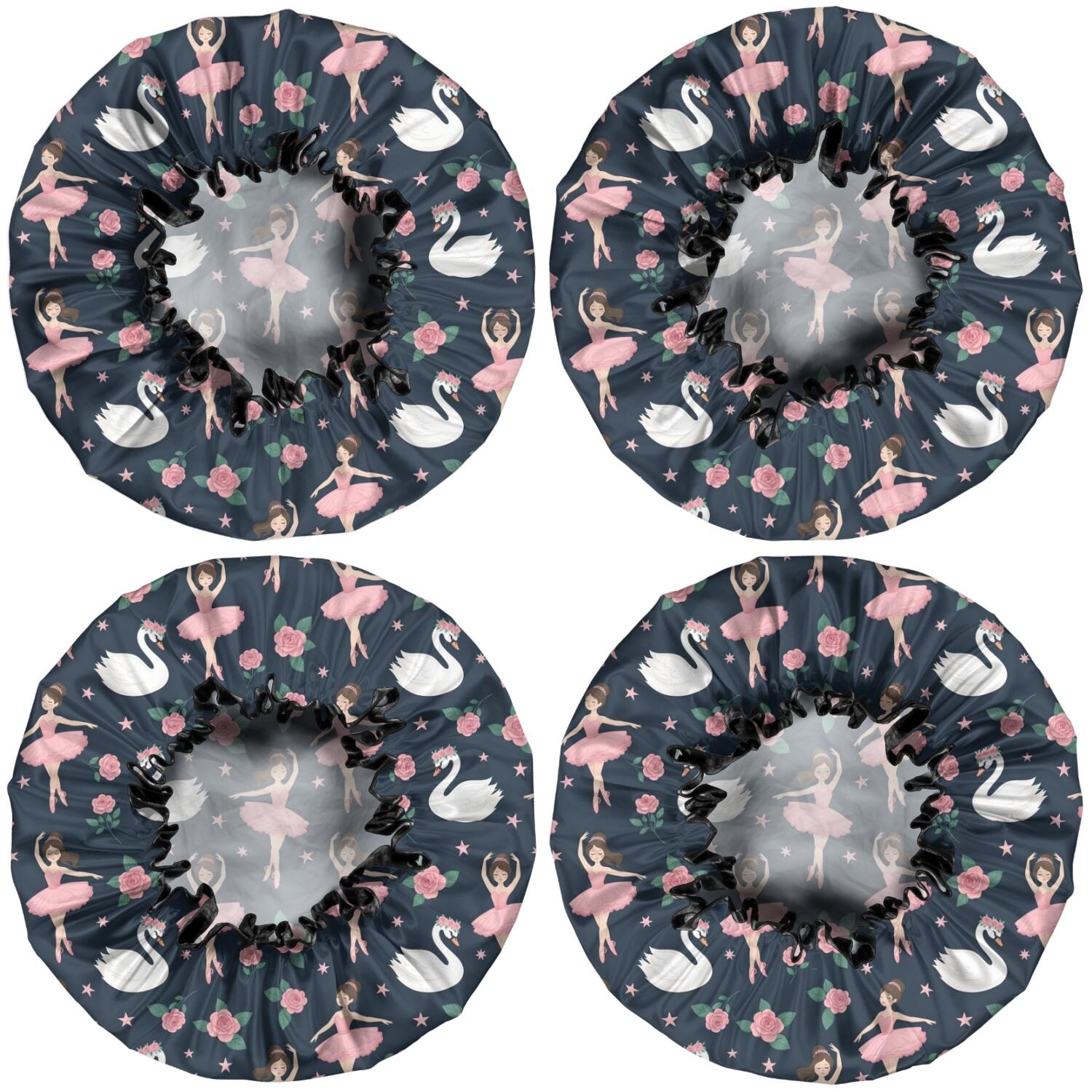 Shower Caps,Dark Blue Ballerina Swan Pattern Waterproof Shower Cap for Women 4 Pieces,Double Reusable Hair Cover for Shower PEVA Elastic Stretch Hem