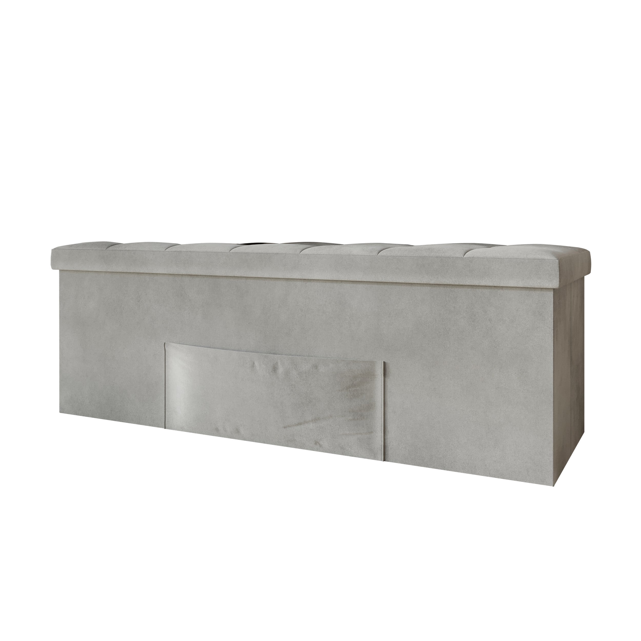Home Design Chico 42" Tufted Upholstered Folding Storage Bench with Deep Cushion and Front Pocket, Multi-Purpose Rectangular Design for Bedroom, Entryway, or Living Room, Light Gray