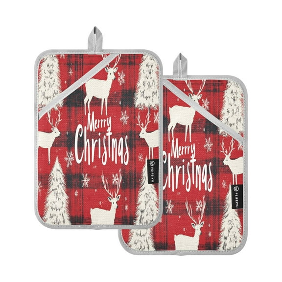 BZSMCE Pot Holder Oven Mitts Cooking baking Black Red Plaid Pattern with Reindeer Creative Pattern Size:7x9.8in