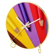 OWNTA Pencils on Colorful Paper Pattern Round Printed Wall Clocks with Hooks and Gold Stand: Silent, Non-Ticking Timepieces for Stylish and Peaceful Settings