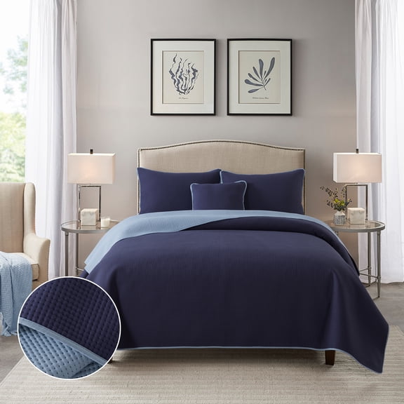 NSH by New Sega Home 4-Piece Navy Pinsonic Reversible Waffle Textured Quilt Set with Reversible Shams and Decorative Pillow, Full/Queen