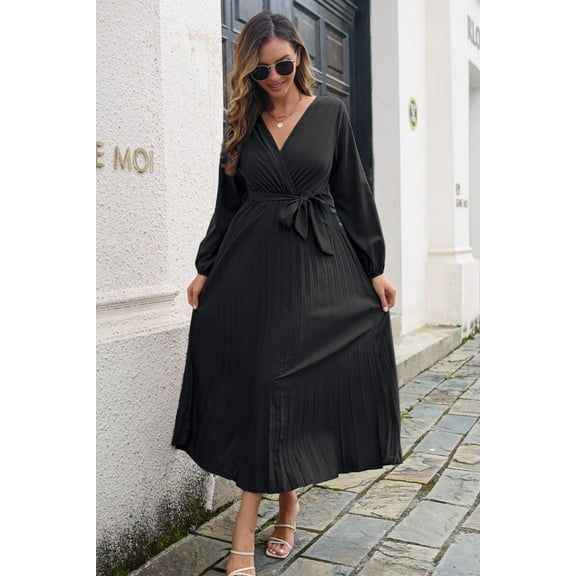 Pleated Long Sleeve Surplice Maxi Dress