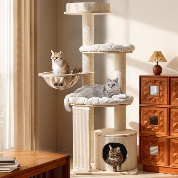 Sopapets 58"H Cat Tree Tower Heavy-Duty Solid Wood with Cando & Hammock for Large Cats, Scratching Board&Posts, Cream