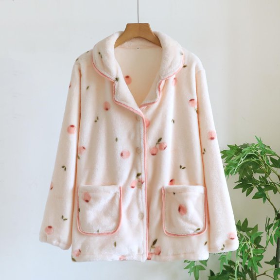 Sakmal Fuzzy Pajama Tops for Women Flannel Long Sleeve Fleece Button Up Shirts Crew Neck White Shirts for Women L