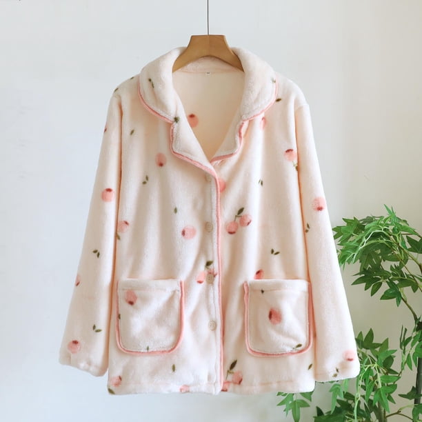 Pijama de manga larga para mujer, estilo informal, con estampado a cuadros, cuello vuelto, botones y bolsillo, de poliéster.