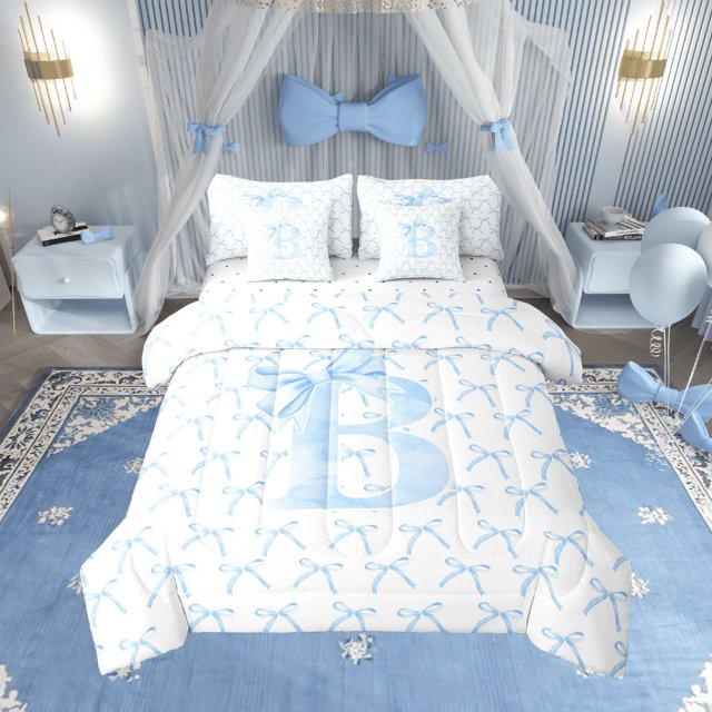 Erosebridal Ensembles de Literie à Nœud Lettre Format Simple, Ensembles de Douillette Initiale Monogrammée avec Draps, Décoration de Chambre de Rêve, Réversible, 7 Pcs