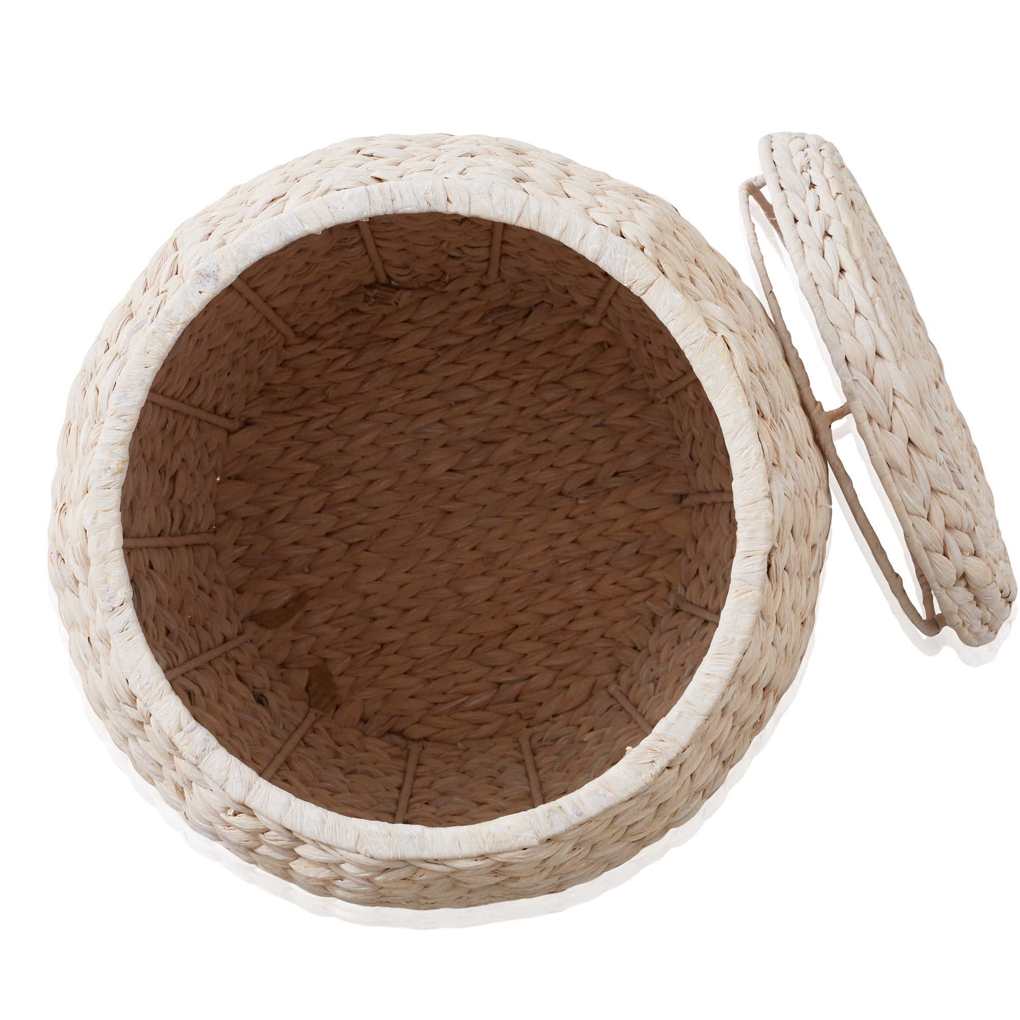 Casafield Round Storage Basket with Lid, Whitewash White - Handwoven Water Hyacinth Hamper Organizer for Laundry, Blankets, Plants