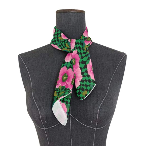 Square Scarf 24x24 Inch Groovy Green and Pink Flowers Silky Satin Sun Protection Neck Scarf for Women Multi-Purpose Head Wrap Bandana for Hair Bag Decoration