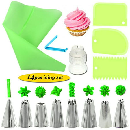 

14pcs Cake Decorating Kit Piping Tips Silicone Pastry Icing Bag Nozzle Cream Scraper Coupler Set DIY Cake Decorating Tools