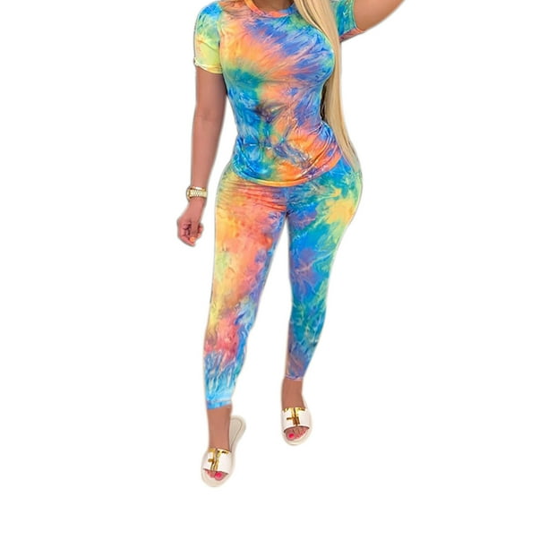 citgeett - Citgeett Women 2 Piece Tracksuit Tie Dye Contrast Color Short Sleeve Tops Bodycon