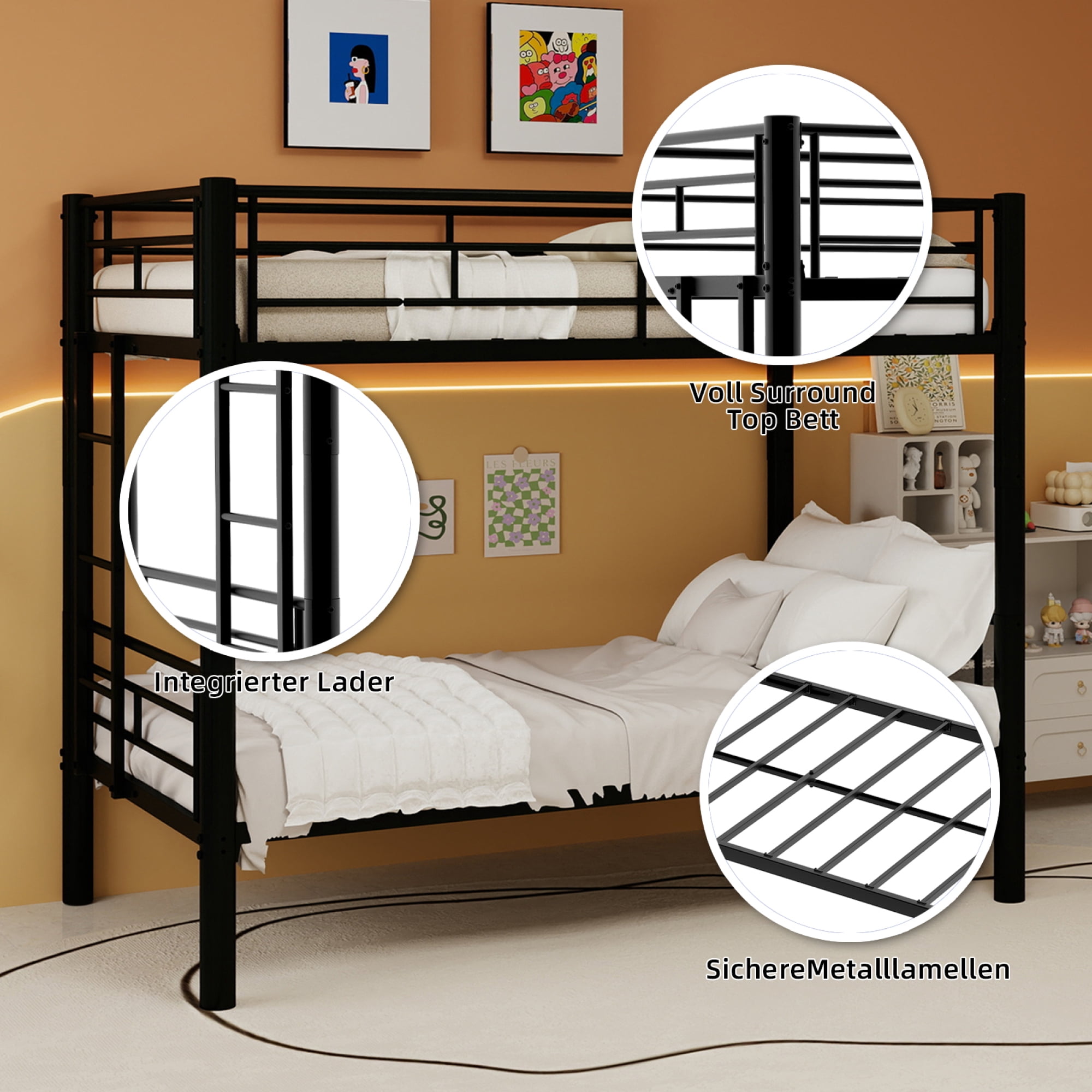 Twin over Twin Bunk Bed with Ladder and Safety Guardrails, Metal Bunk Bedframe for Kids Boys Girls, can be convertible into 2 Beds, No Spring Box Required