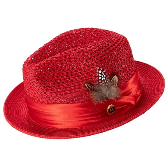 Montique Red Solid Color Pinch Braided Fedora With Matching Satin Ribbon Hat H-34