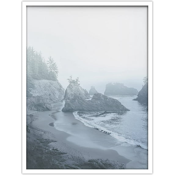 PixonSign Framed Wall Art Print Rock Formations Between Beach and Sea Nature Ocean Photography Realism Nautical Landscape Relax/Calm Blue Duotone for Living Room, Bedroom, Office - 12"x16" WHITE
