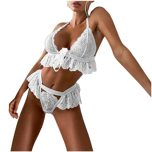 Gibobby Lencería mujer erótica Lencería de dos piezas para mujer, sexy con encaje floral, escote en V profundo, brasier inalámbrico y tanga exótico(Blanco, M)