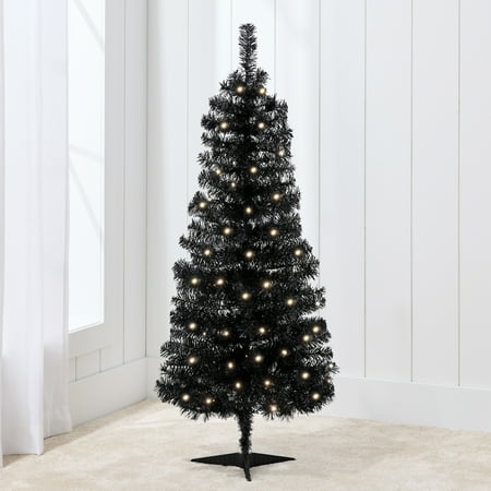 Best Choice Products 4ft Prelit Colored Christmas Tree, Artificial Tree Holiday Decor w/ LED Lights - Black Tinsel