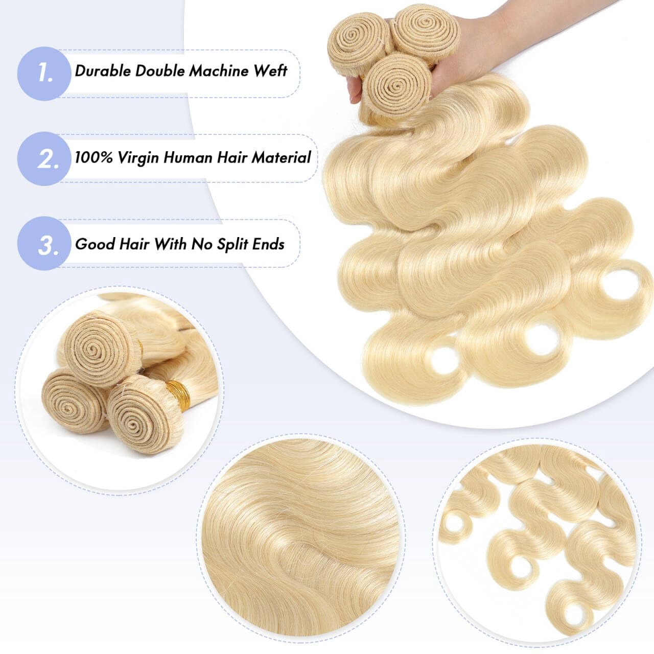 613 Bundles Blonde Bundles Human Hair 14 Inch 613 Body Wave Real Hair Bundle 16A 100% Unprocessed Brazilian Undyed Perm Single Bundle No Tangles No Shedding
