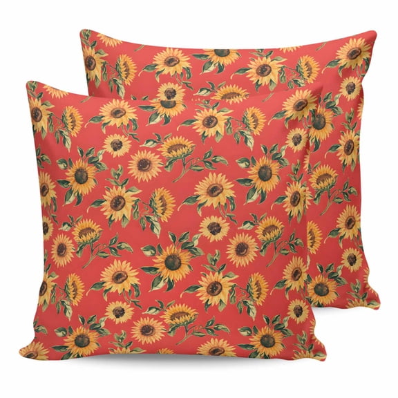 Outdoor Pillow Covers Pack of 2, Summer Sunflower Flower on Red Waterproof Throw Pillowcase Cushion Cases, Watercolor Floral Leaf Decorative Pillow Cover for Couch Sofa Home Bed Patio