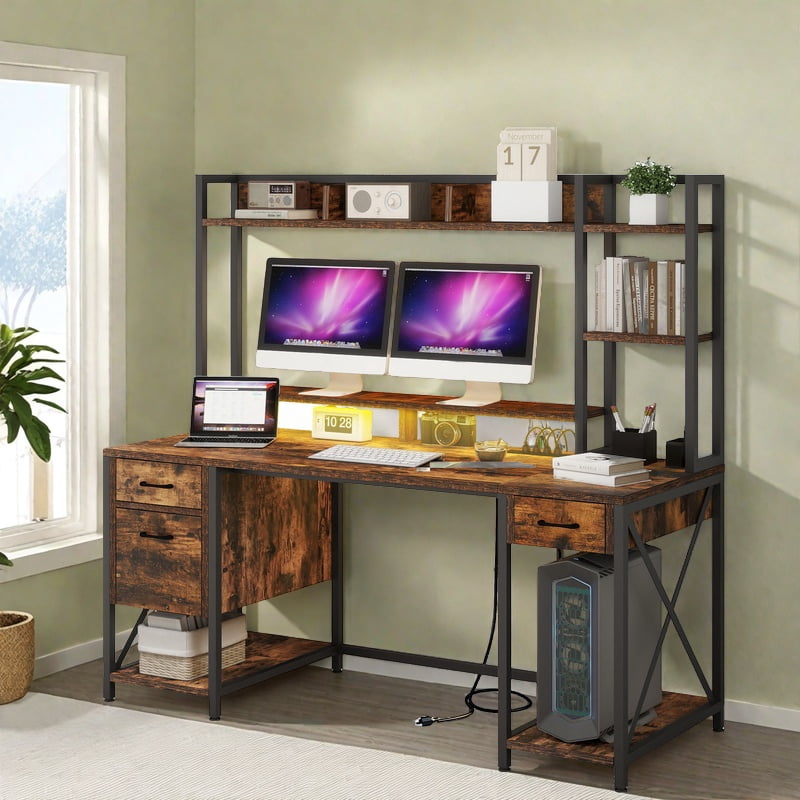 Uforic Computer Desk with Hutch& Led Light, Gaming Desk with Power Outlets, Home Office Desk, Brown