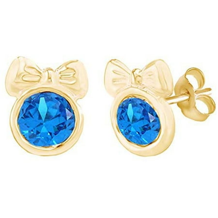 14k Gold Minnie Mouse Round Shape Simulated Blue Topaz Minnie Mouse Bow Stud Earrings 14K Yellow Gold Over Sterling Silver ()