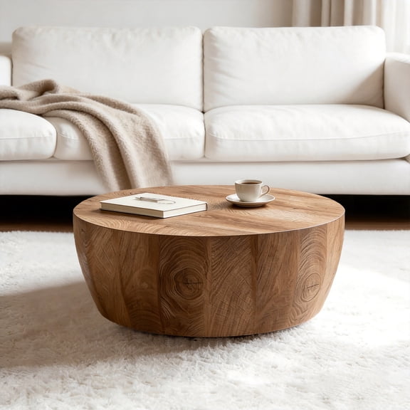 CasaGlajore Round Drum Coffee Table In Natural Finish, Round Coffee Table Made Of High-Quality MDF, Fully Assembled Living Room Table