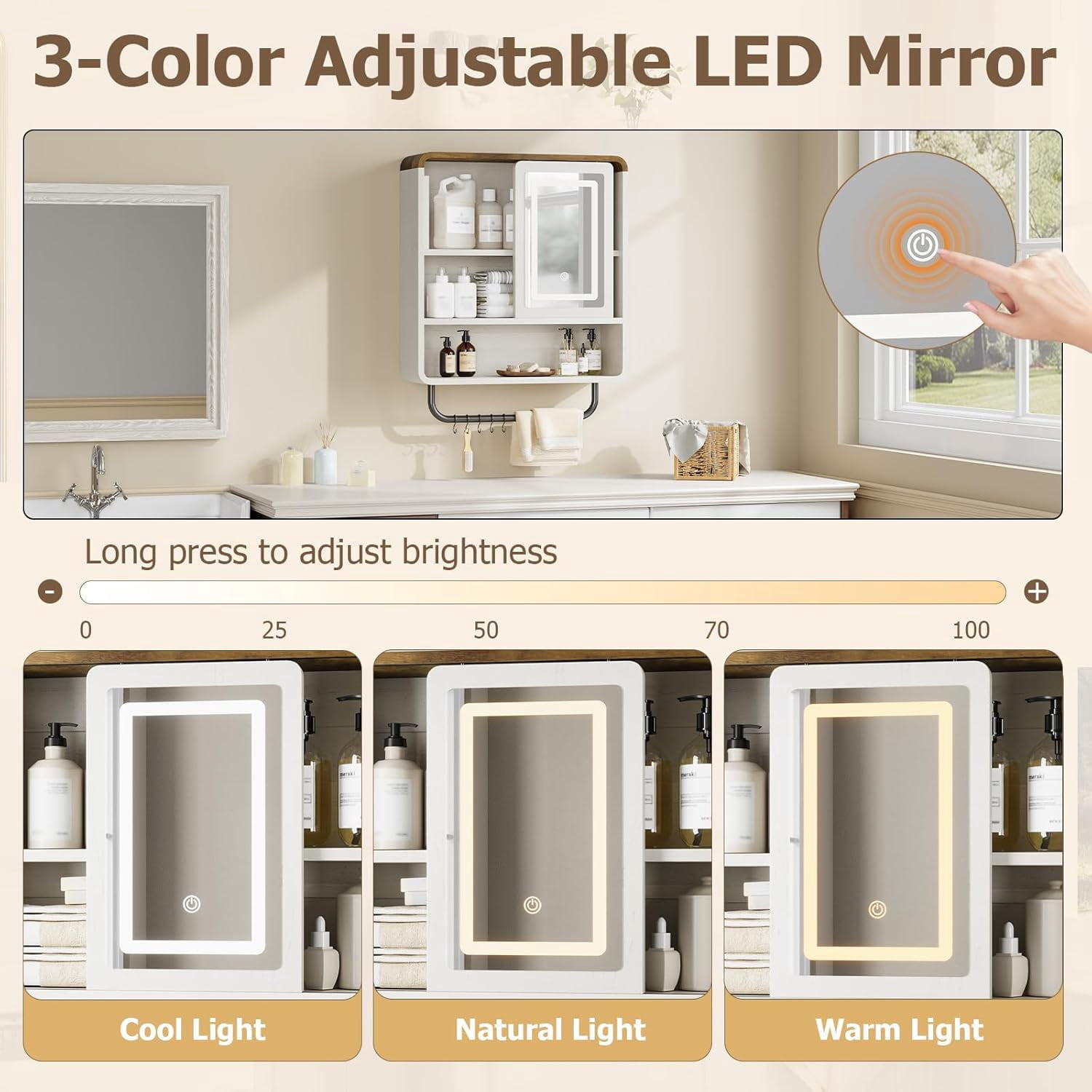 Vecenuy Modern Bathroom Wall Cabinet with Mirror, Medicine Cabinet over Toilet Storage, Towel Bar, Sliding Door, 3 Lighting Modes & Adjustable Brightness, Antique White