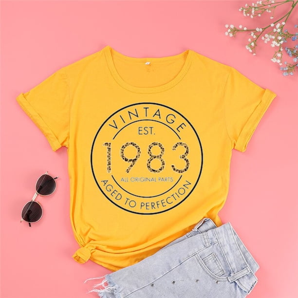 Vintage 1983 Birthday Shirt, Leopard Vintage 39th 100% Cotton Top Tee Funny Letter Print Graphic O Neck Mama Mother Tshirt y2kM Gao Jinjia LED