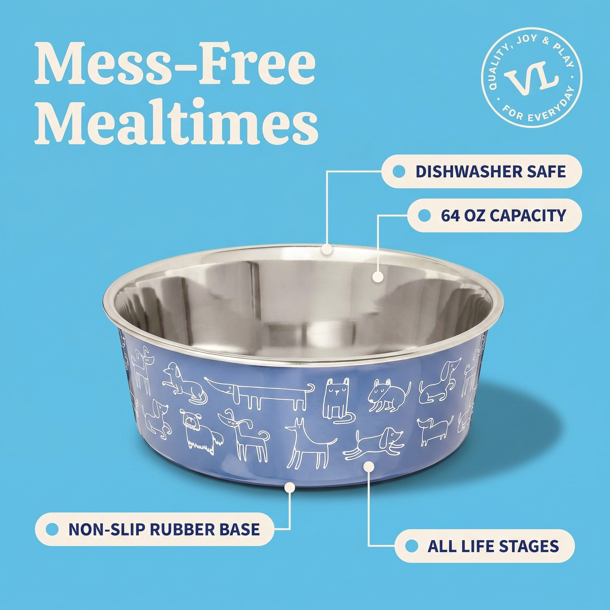 Vibrant Life Large 7.5-Cup Stainless Steel Dog Printed Pet Bowl, Navy